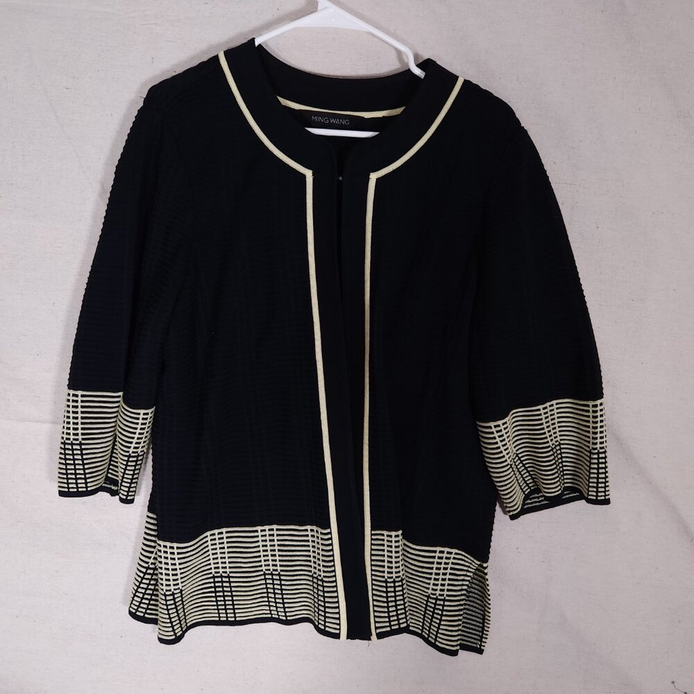Ming Wang Womens 1X Black Cream Cardigan Jacket 3/4 Sleeve Clasp Career Chic